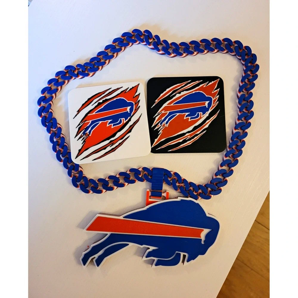 Buffalo Bills Football Blue Chain Necklace w/ Logo Pendant + 2 Logo Coasters